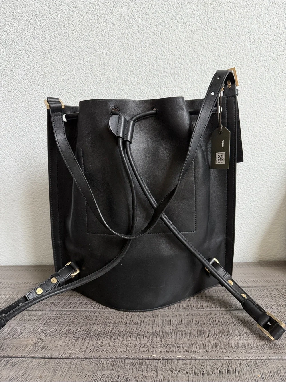 AllSaints Black Leather Drawstring Backpack NWT